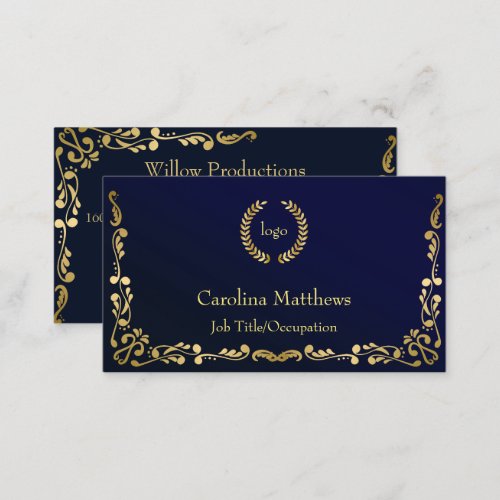 Business Logo Gold Foil Peacock Corner Blu Business Card