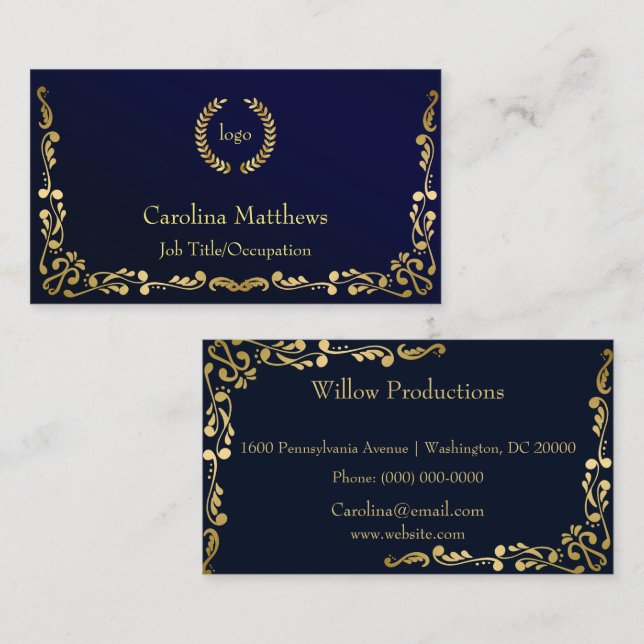 Business Logo Gold Foil Peacock Corner Blu Card (Front/Back)