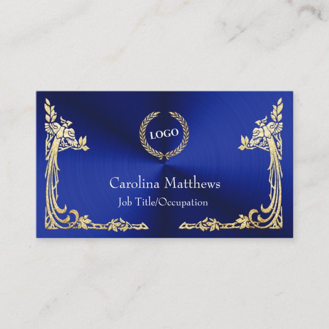Business Logo Gold Foil Peacock Corner Blue Card (Front)