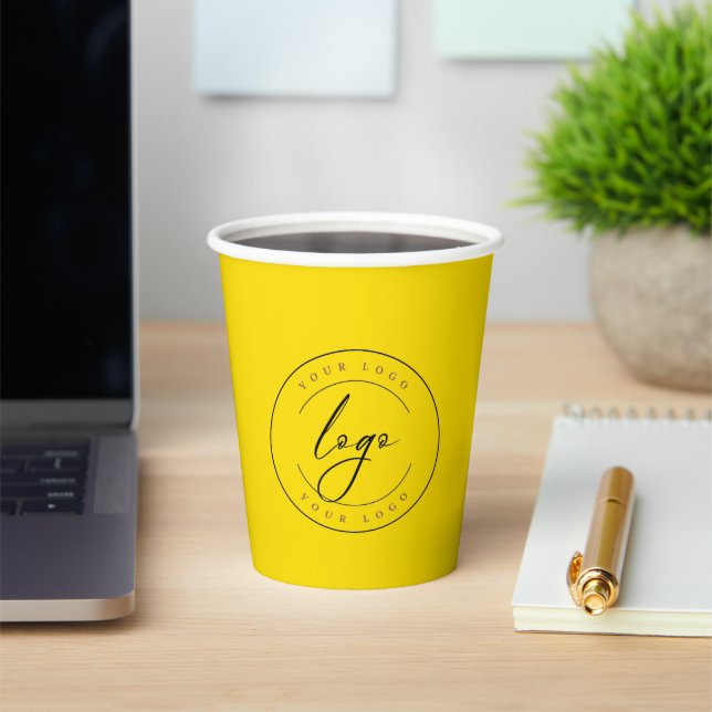 Business Logo | Gold & Navy Blue Minimal Custom Paper Cups (Insitu)