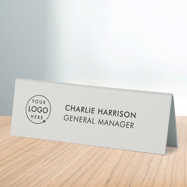 Business Logo | Gray Employee Staff Nameplate Table Tent (Simple company branded nameplate table tent desk signs for small business employee & office signage.)