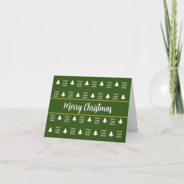 Business Logo Green White Merry Christmas Trees Holiday Card (Front)
