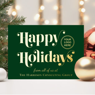 Business Logo Happy Holidays Green Christmas Gold Foil Holiday Card