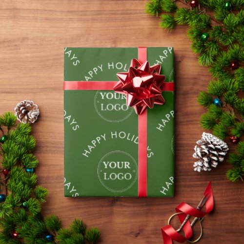 Business Logo Happy Holidays Green Christmas  Wrapping Paper