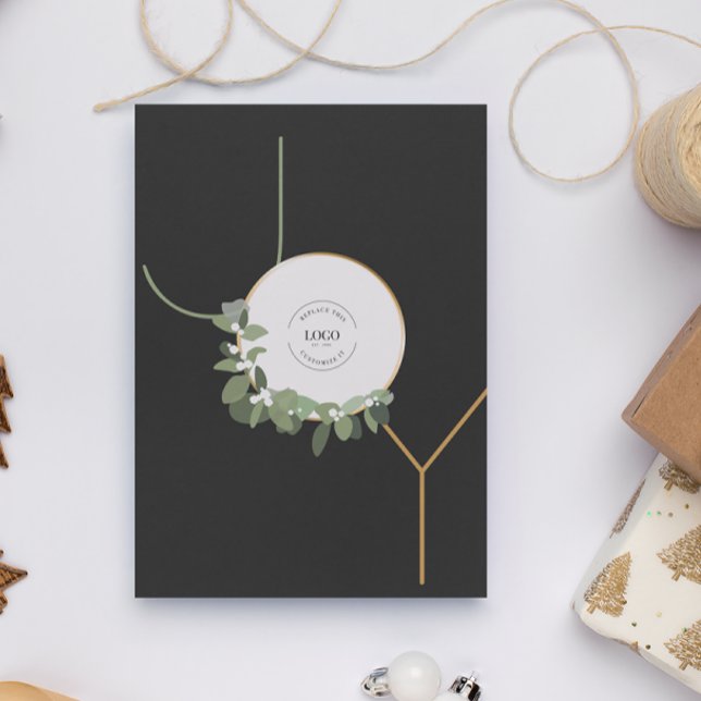 Business Logo Happy Holidays No photo Vertical Joy Holiday Card (Business Holiday Greeting JOY with logo card)