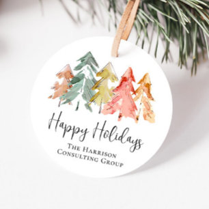 Business Logo Happy Holidays Watercolor Corporate Favor Tags