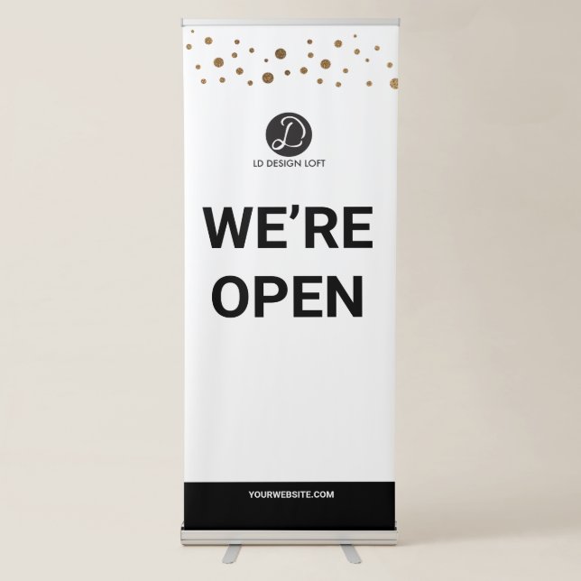 Business Logo Here Custom We're Open Retractable Banner (Front)