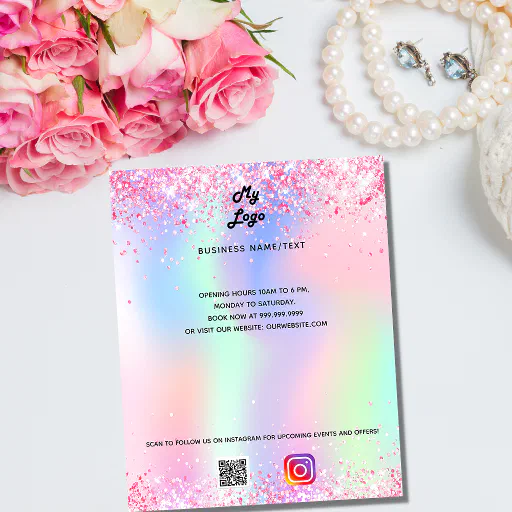 Business logo holographic qr code instagram text flyer