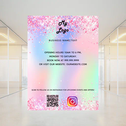 Business logo holographic qr code instagram text poster Business logo holographic qr code instagram text poster