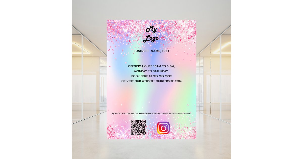 Business logo holographic qr code instagram text poster | Zazzle