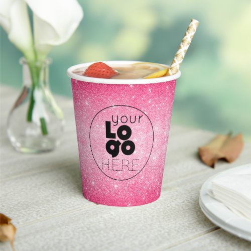 Business Logo Hot Pink Glitter Paper Party Cup