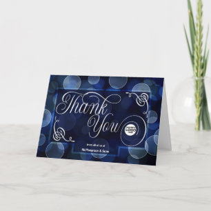Business Logo in Blue Bokeh Blank Letterpress Thank You Card