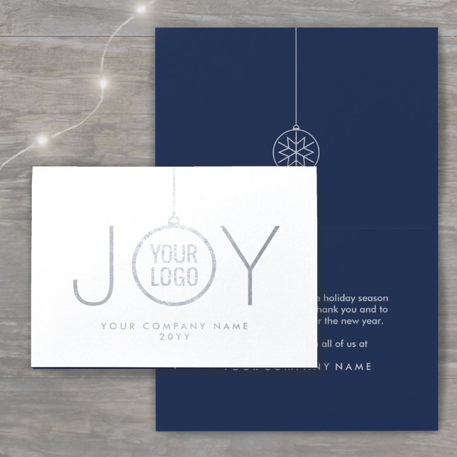 Business Logo JOY Christmas Ornament Navy Holiday Foil Card (Creator Uploaded)