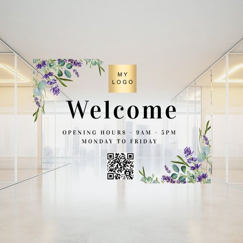 Business logo lavender welcome opening QR code Window Cling