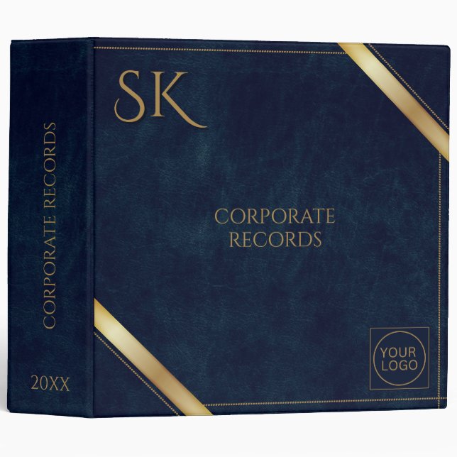 Business Logo Luxury Navy Leather 2025 Custom 3 Ring Binder (Front/Spine)