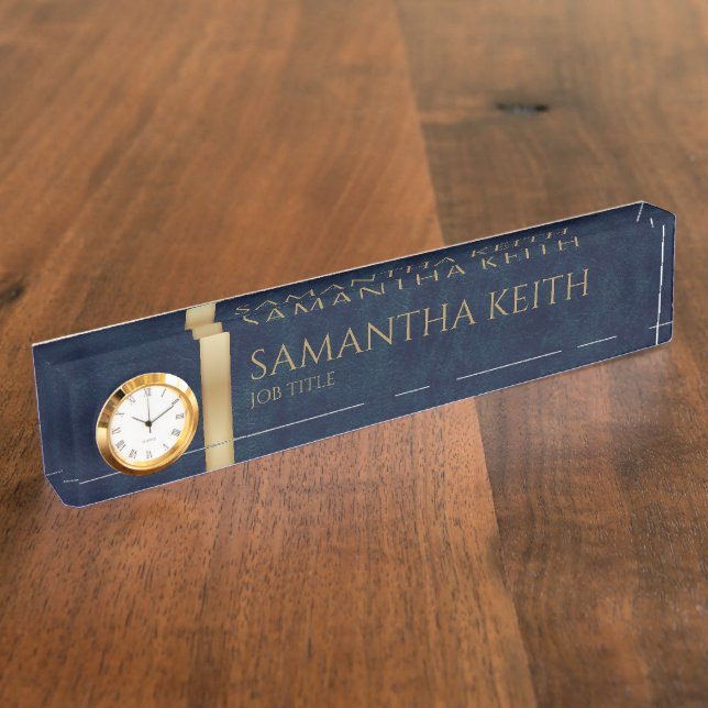 Business Logo Luxury Navy Leather Custom Desk Name Plate (Side)
