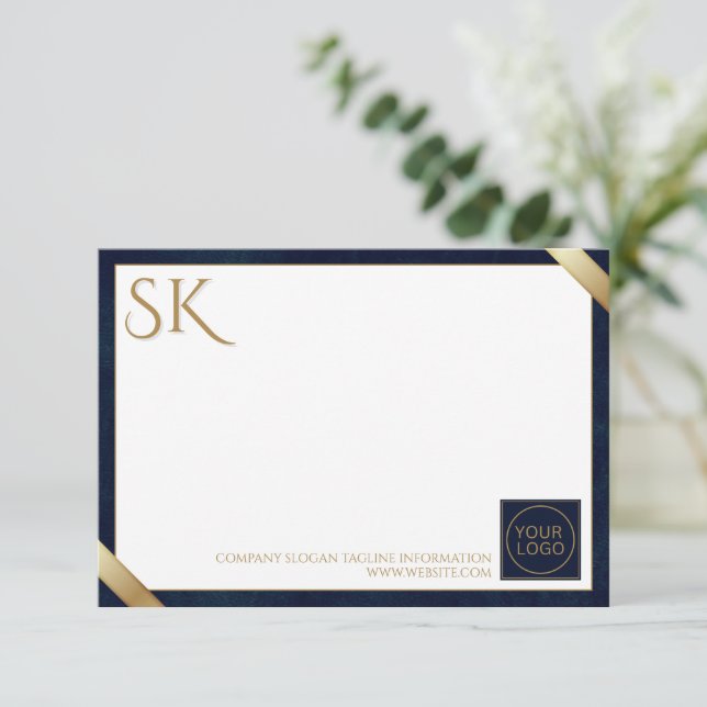 Business Logo Luxury Navy Leather  Note Card (Standing Front)