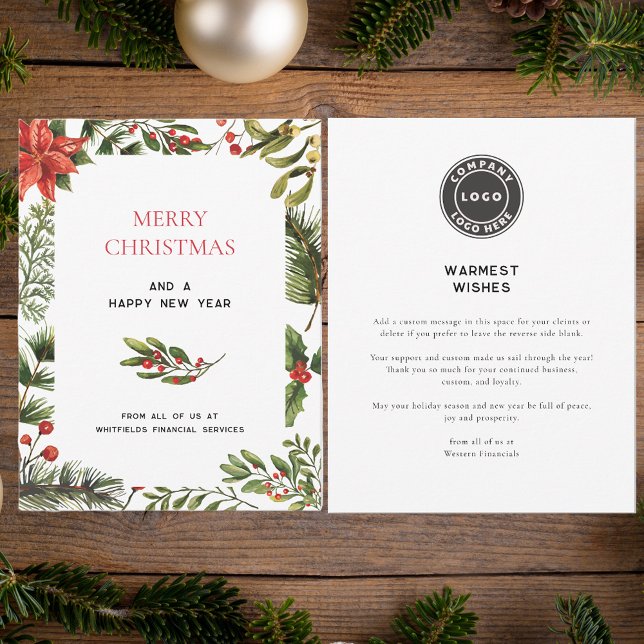 Business Logo Merry Christmas Botanical Greetings Note Card (Red Berries Business Logo Christmas Company Greetings Card)