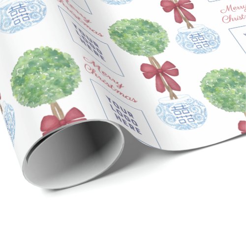 Business Logo Merry Christmas Holidays Customer Wrapping Paper - Add your business logo to this stylish Christmas topiary wrapping paper design. Lollipop Topiary in a "ginger jar" style planter with a red bow, all handpainted by yours truly then arranged digitally into a repeating pattern. This design would work best with a square or circular logo / monogram.