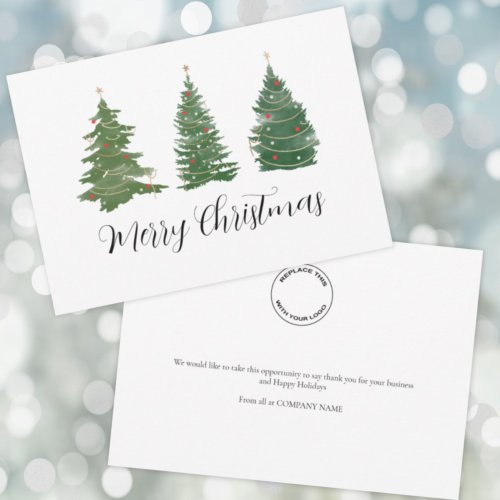 Business Logo Merry Christmas Script and Trees Hol Holiday Card