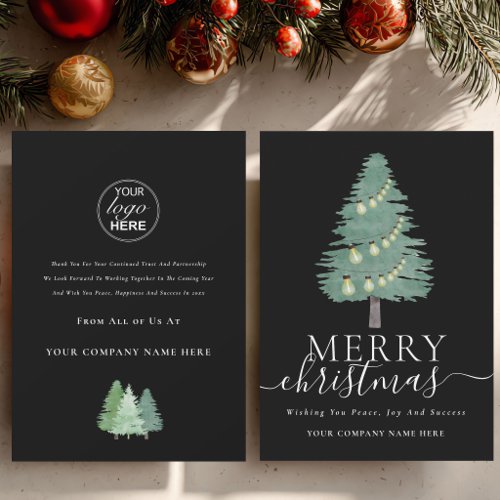 Business Logo Merry Christmas Tree Festive Lights Holiday Card