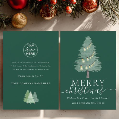 Business Logo Merry Christmas Tree Festive Lights Holiday Card