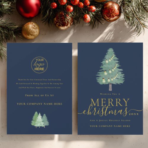 Business Logo Merry Christmas Tree Gold & Blue Holiday Card