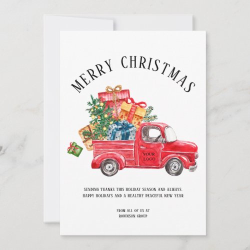 Business Logo Merry Christmas Tree Red Truck Holiday Card