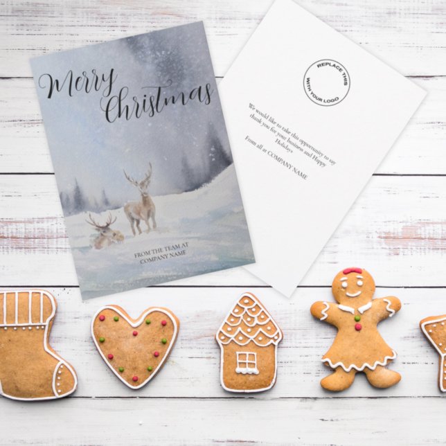 Business Logo Merry Christmas Winter Deer Scene Ho Holiday Card (Creator Uploaded)