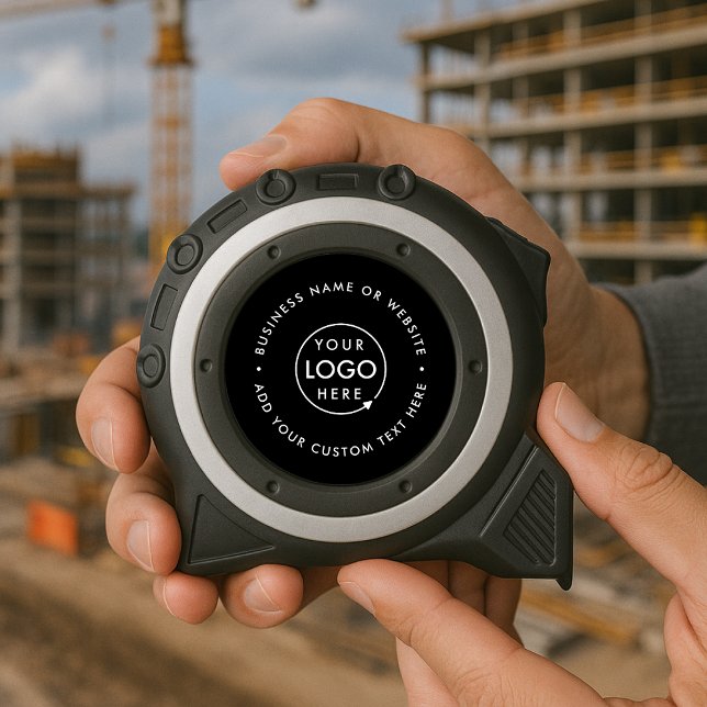 Business Logo Minimal Stylish Professional Black Tape Measure (Sleek black company branded professional tape measures for business promotion & swag.)