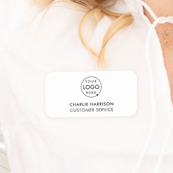 Business Logo | Minimal White Employee Staff Name Tag by GuavaDesign at Zazzle
