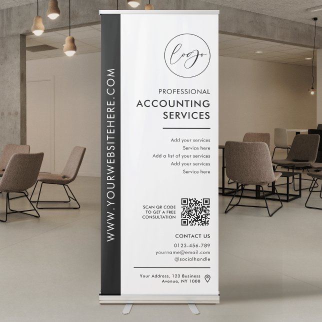 Business Logo Minimalist QR Code Promotional Retractable Banner (Modern black and white corporate retractable banner with logo, QR code and contact details)