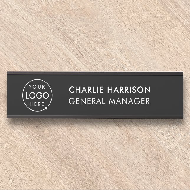 Business Logo | Modern Black Company Office Door Sign (Black company branded nameplate door or desk signs for small business employee & office signage.)