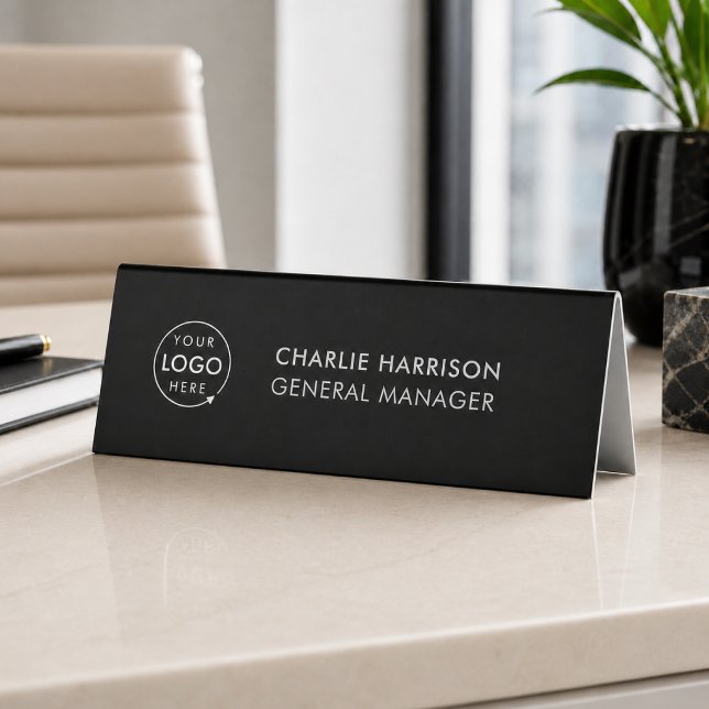 Business Logo | Modern Black Desk Name Plate Table Tent (Black company branded nameplate table tent desk signs for small business employee & office signage.)