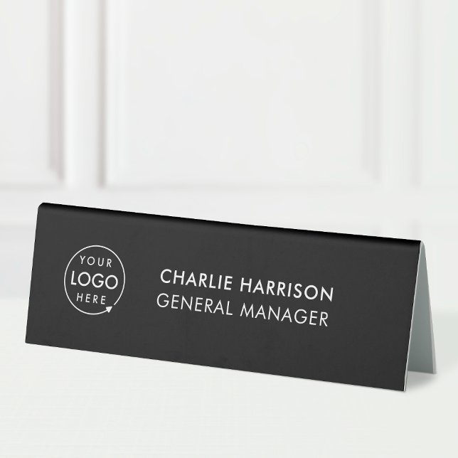 Business Logo | Modern Black Desk Name Plate Table Tent (Black company branded nameplate table tent desk signs for small business employee & office signage.)