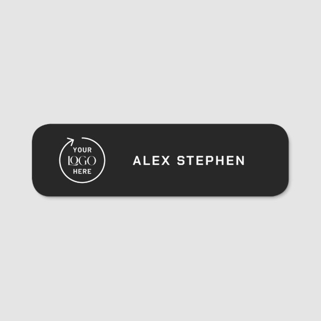 Business Logo | Modern Black Employee Staff  Name Tag (Front)