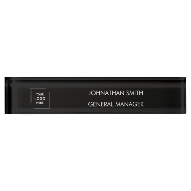 Business Logo | Modern Black Office Desk Accessory Name Plate (Front)