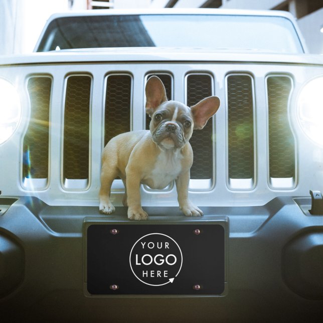 Business Logo | Modern Black Professional Branded License Plate (Sleek black company branded professional license plate for small business vehicle fleet promotion.)