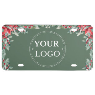 Business Logo Modern Christmas Floral Green License Plate