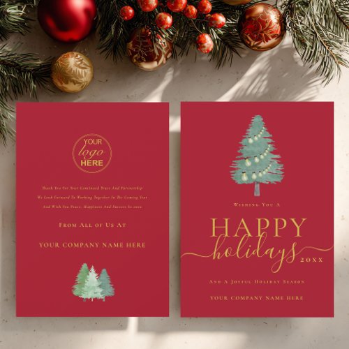 Business Logo Modern Christmas Tree Gold Red Holiday Card