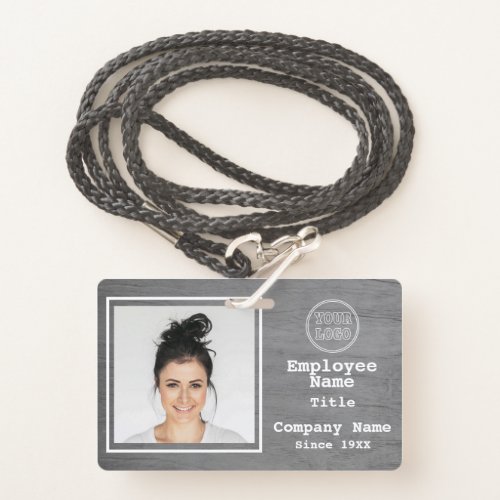 Business Logo Modern Grey Wood Photo Employee Id Badge