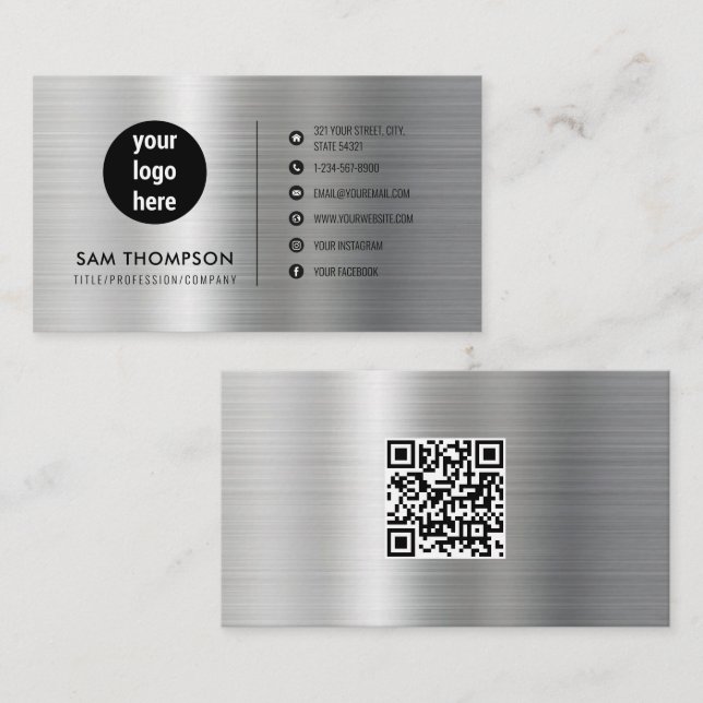 Business Logo Modern Minimalist QR Code Silver Business Card (Front/Back)