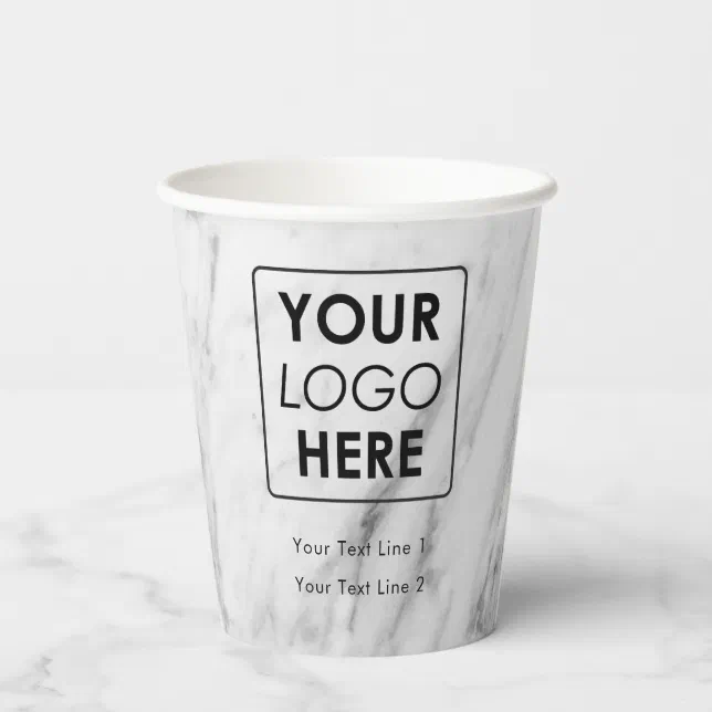Business Logo Modern Professional White Marble Paper Cups | Zazzle