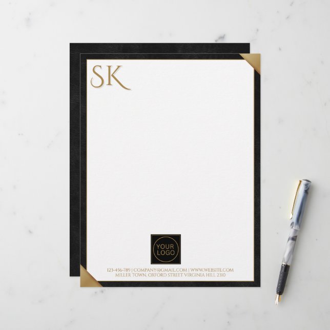 Business Logo Monogram Black Leather Letterhead (Front/Back In Situ)