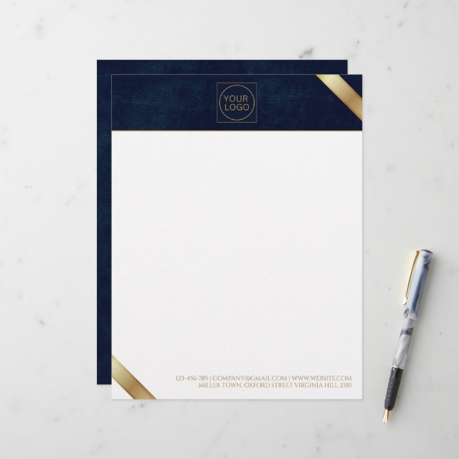 Business Logo Monogram Navy Leather Letterhead (Front/Back In Situ)