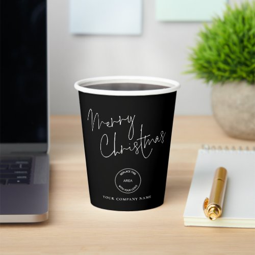 Business Logo Name Black White Merry Christmas Paper Cups