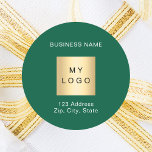 Business logo name green white address classic round sticker<br><div class="desc">Green background,  white text.  Personalize and add your business name,  logo and address or text.</div>