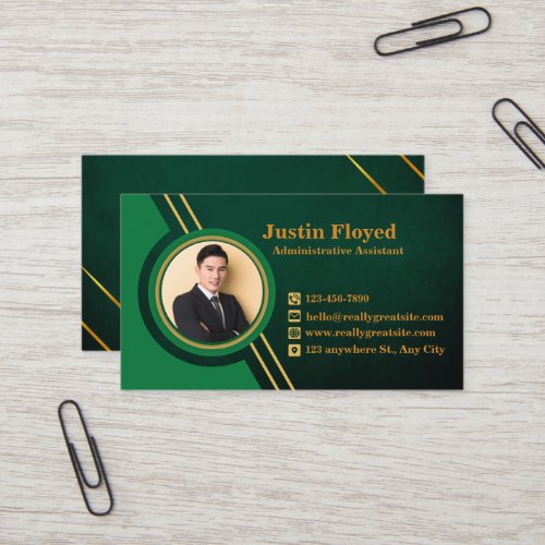 Business Logo Name Image Green and Gold Modern Business Card