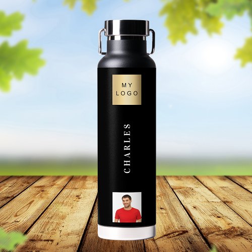 Business logo name photo black water bottle