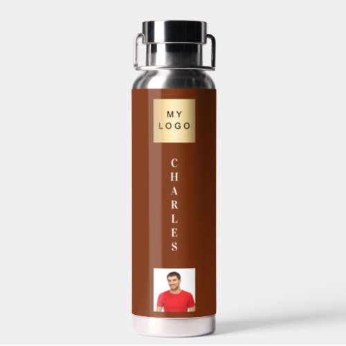 Business logo name photo brown water bottle